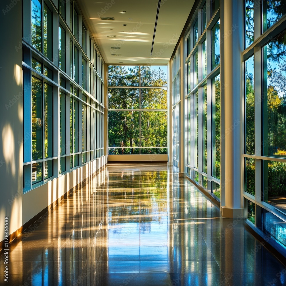 Obraz premium modern hallway with large windows and natural light