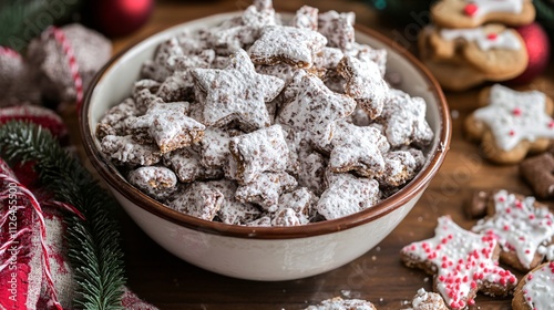 Puppy Chow holiday snack served in a rustic ceramic bowl, surrounded by pinecones, cinnamon sticks, and star anise photo