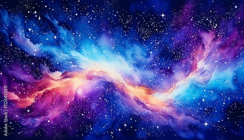 Galactic watercolor nebula in vibrant purples, blues, and starry white highlights