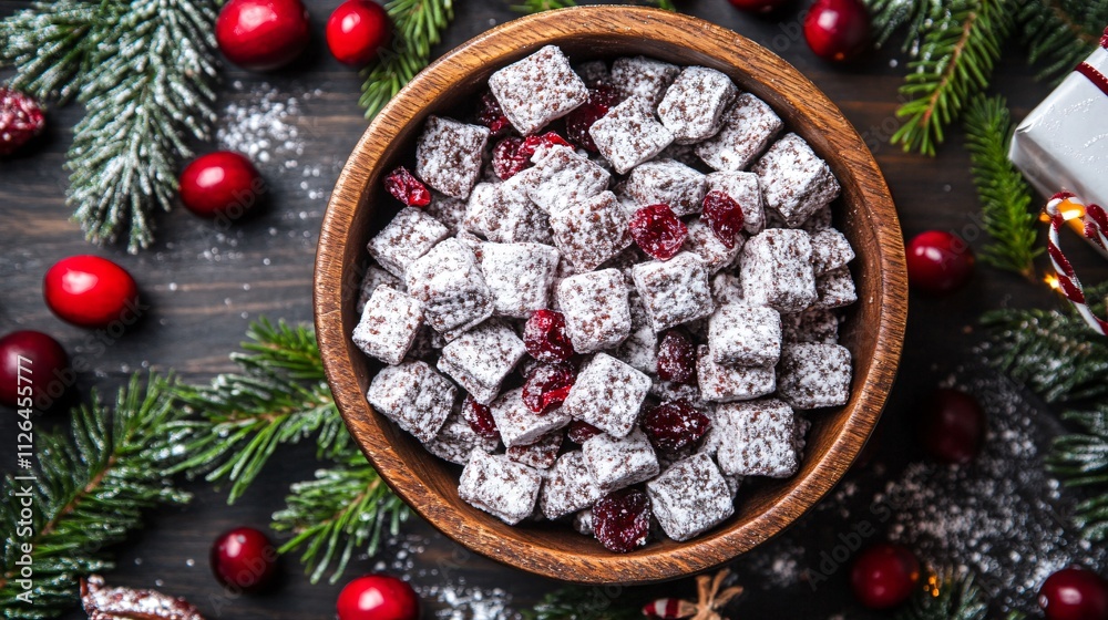 Rustic holiday table featuring Puppy Chow snack in a wooden bowl, surrounded by cranberries and evergreen garland Rustic holiday table featuring Puppy Chow snack in a wooden bowl, surrounded by cranberries and evergreen garland