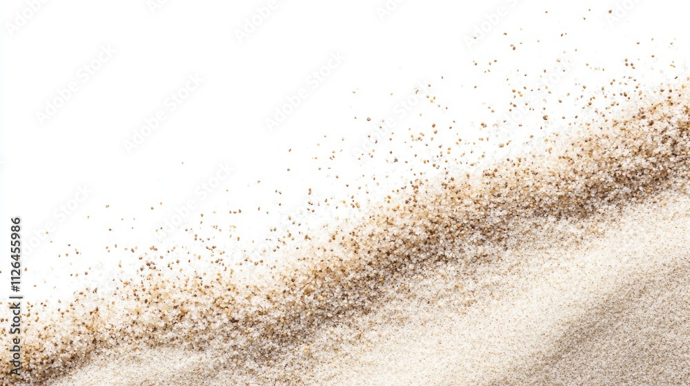 Fine sand grains arranged aesthetically on a white background showcasing texture and color variations for creative design purposes Fine sand grains arranged aesthetically on a white background showcasing texture and color variations for creative design purposes