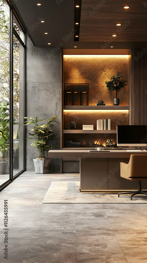 Modern Office Design: Desk, Shelving, Plants Modern Office Design: Desk, Shelving, Plants