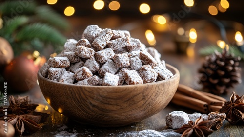 Rustic presentation of Puppy Chow snack in a wooden bowl, surrounded by holiday spices and twinkling lights photo