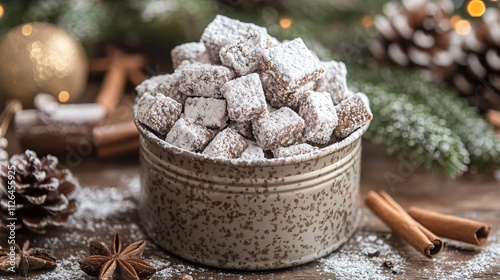 Wallpaper Mural Rustic scene of Puppy Chow snack in a vintage tin, surrounded by snow-dusted pinecones and holiday spices Torontodigital.ca
