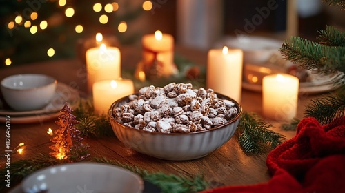 Rustic table setup featuring Puppy Chow snack in a ceramic dish, surrounded by candles and holiday garland photo