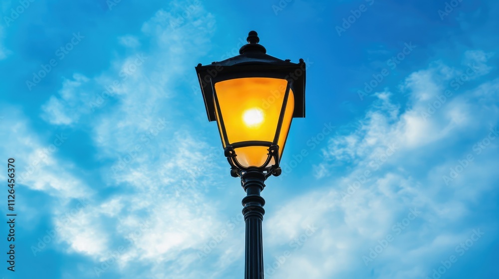 Street lamp on electric pole illuminated against vibrant blue sky and clouds during sunset or sunrise creating a picturesque scene. Street lamp on electric pole illuminated against vibrant blue sky and clouds during sunset or sunrise creating a picturesque scene.