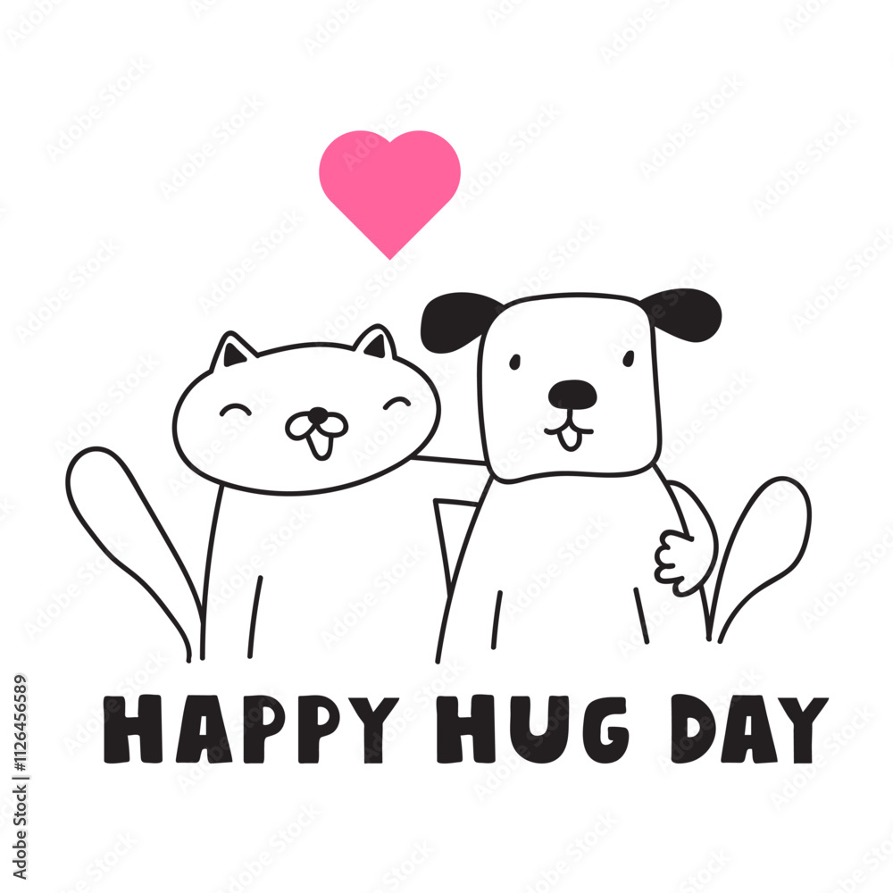Happy hug day. Best friends cat and dog. Vector design. Outline illustration on white background.