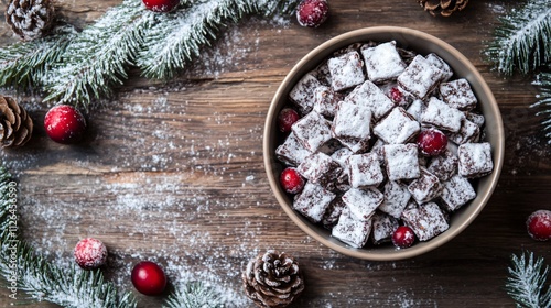 Rustic wooden table with a bowl of Puppy Chow snack, decorated with cranberries, pinecones, and a snow-dusted garland photo