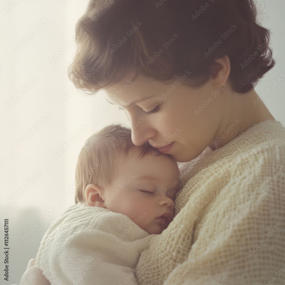 mother holding sleeping baby in soft light mother holding sleeping baby in soft light