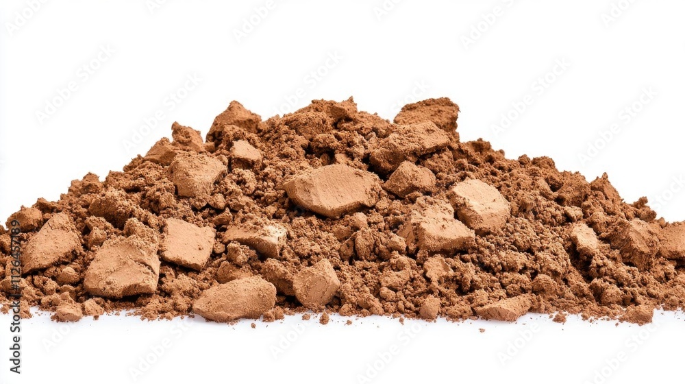 A photostock of finely crushed brown soil forming a smooth pile on a white background, ideal for gardening or environmental themes. High Quality A photostock of finely crushed brown soil forming a smooth pile on a white background, ideal for gardening or environmental themes. High Quality