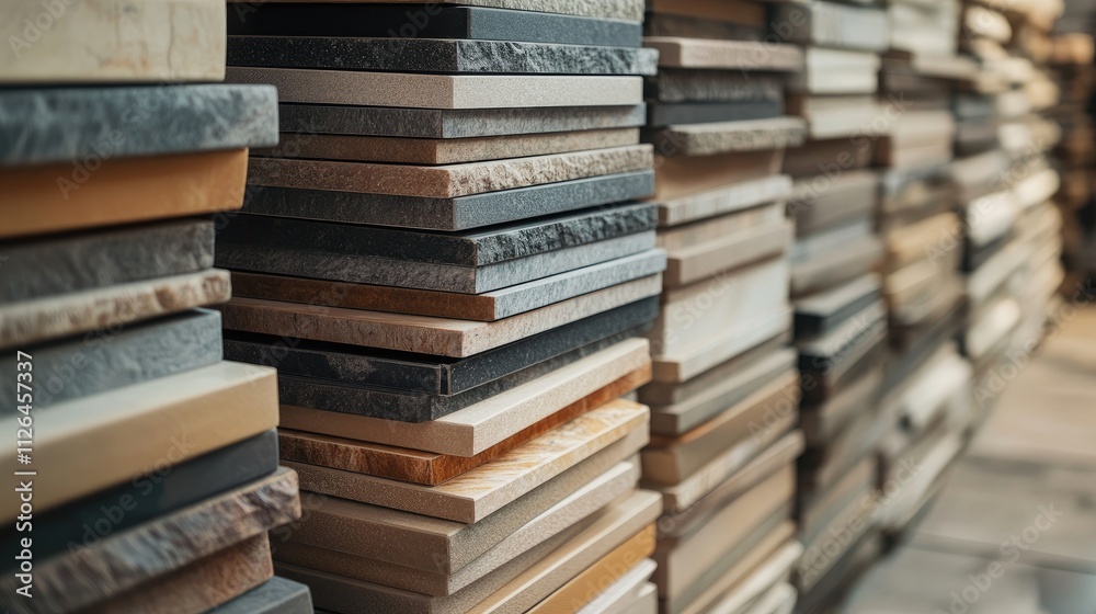 Stack of ceramic tiles in a home improvement store showcasing options for flooring bathrooms kitchens and backsplashes Stack of ceramic tiles in a home improvement store showcasing options for flooring bathrooms kitchens and backsplashes