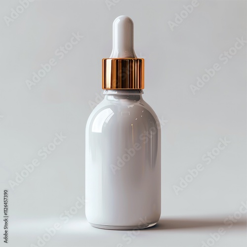 A white glass bottle with a golden cap, filled with serum and a dropper on the top, against a white background.