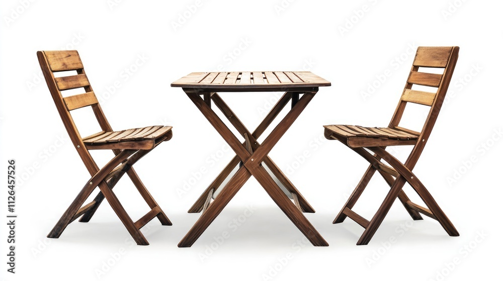 Wooden garden furniture set with folding chairs and table isolated on white background ideal for outdoor living and relaxation themes Wooden garden furniture set with folding chairs and table isolated on white background ideal for outdoor living and relaxation themes