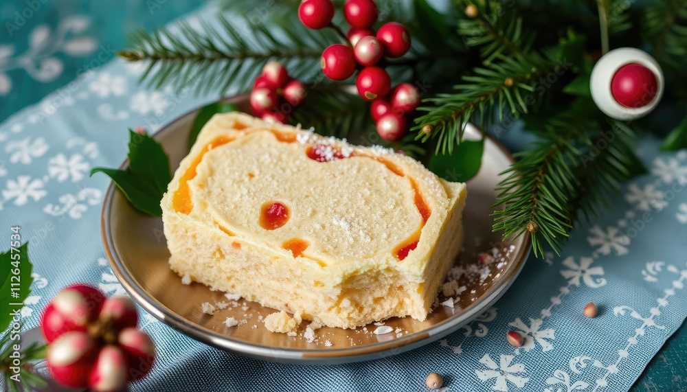 A festive dessert on a plate, garnished with holiday decorations and greenery. A festive dessert on a plate, garnished with holiday decorations and greenery.