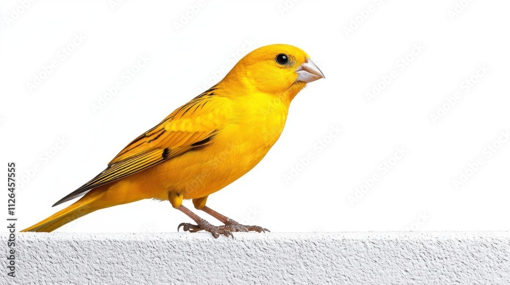 A photostock of a bright yellow canary bird perched elegantly on a seamless white background, showcasing its vivid plumage and natural pose. High Quality A photostock of a bright yellow canary bird perched elegantly on a seamless white background, showcasing its vivid plumage and natural pose. High Quality