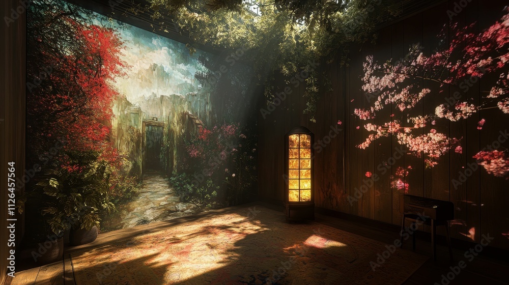 Sunlit room, garden mural, flowering wall art. Sunlit room, garden mural, flowering wall art.