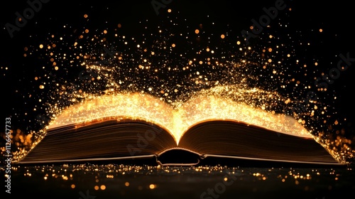 A book is open to a page with a lot of sparkles. The book is on a table and the sparkles are falling from the page. Scene is whimsical and playful