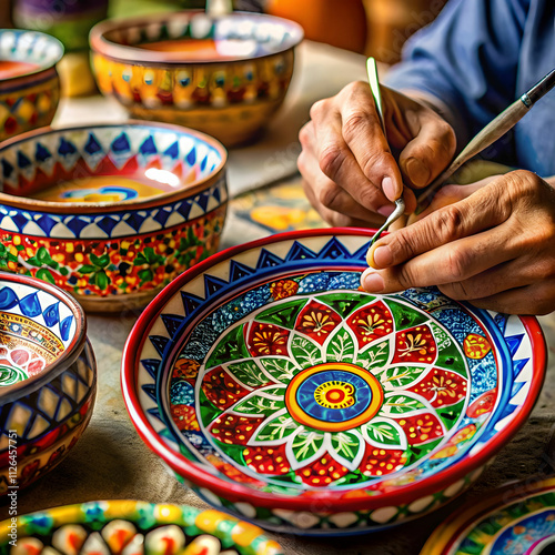 A close-up of hands carefully painting intricate traditional patterns
