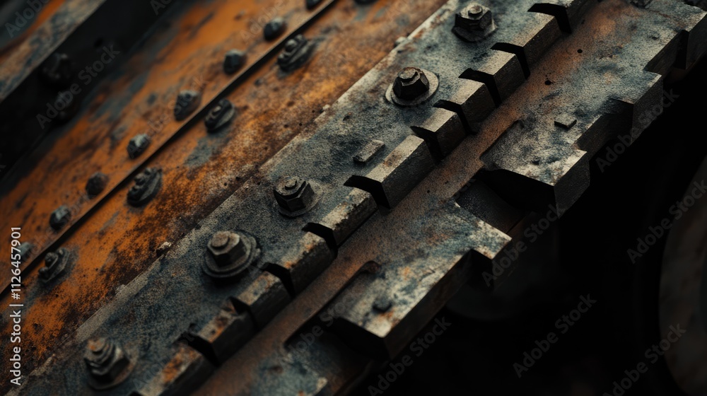Close-up view of rusted machinery wheel track showcasing intricate details and textures of metal and fastening elements. Close-up view of rusted machinery wheel track showcasing intricate details and textures of metal and fastening elements.