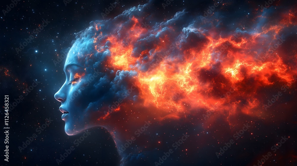 Cosmic female silhouette with fiery and smoky elements merging into the vastness of outer space. Cosmic female silhouette with fiery and smoky elements merging into the vastness of outer space.