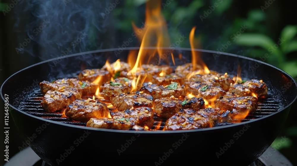 A grill full of meat with a lot of smoke coming out of it. The meat is cooked and has a lot of flavor A grill full of meat with a lot of smoke coming out of it. The meat is cooked and has a lot of flavor