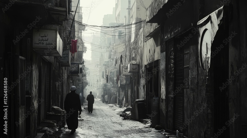 Dark alleyway, two figures walking, weathered buildings, somber mood. Dark alleyway, two figures walking, weathered buildings, somber mood.