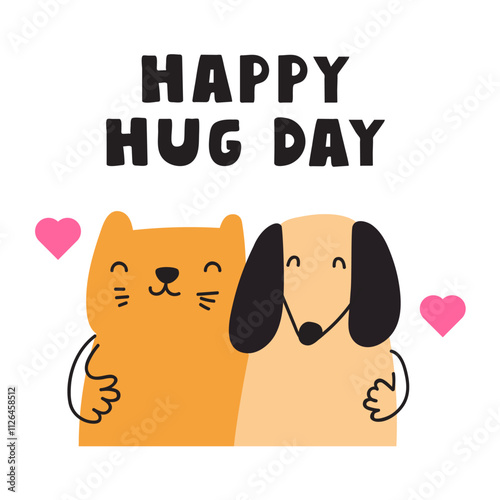 Cat and dog celebrate - Happy hug day. Flat vector design illustration on white background.
