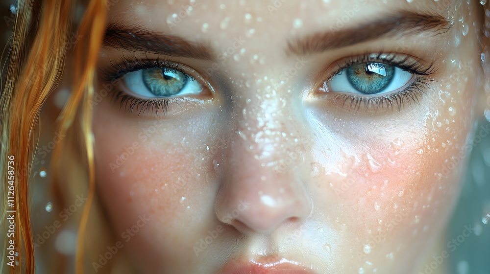 Close-up of a face with striking blue eyes and water droplets on skin, evoking freshness and beauty. Close-up of a face with striking blue eyes and water droplets on skin, evoking freshness and beauty.