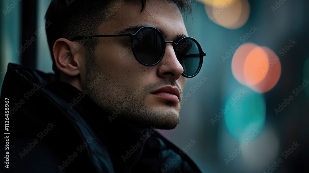 Stylish young man in dark sunglasses gazing thoughtfully in an urban setting with blurred city lights in the background. Stylish young man in dark sunglasses gazing thoughtfully in an urban setting with blurred city lights in the background.