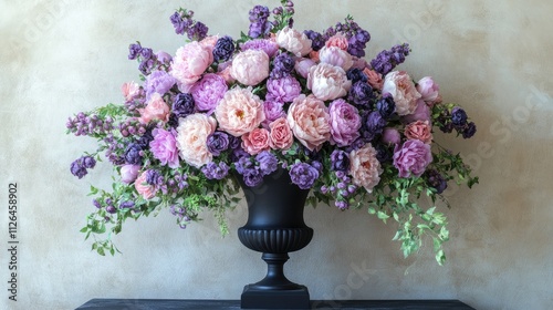 elegant floral arrangement in a classic black urn with pastel roses and purple blooms against a textured wall background in a sophisticated setting photo