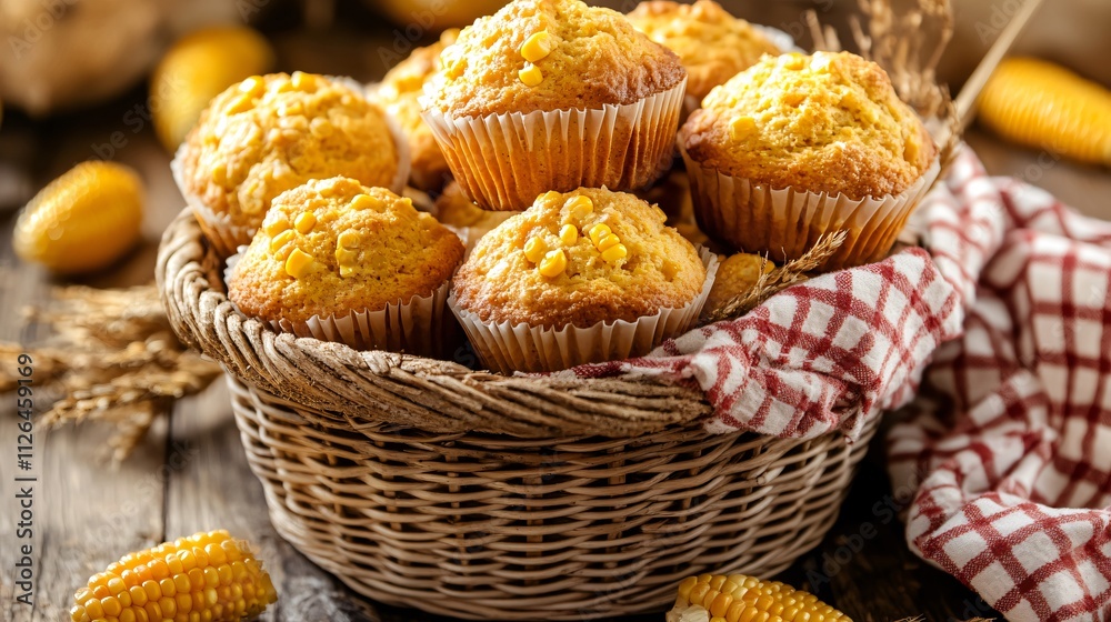 A rustic basket filled with cornbread muffins, with a checkered cloth and dried corn stalks as decorative elements A rustic basket filled with cornbread muffins, with a checkered cloth and dried corn stalks as decorative elements