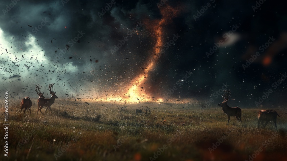 A tornado forming over a prairie with a herd of deer fleeing in the foreground, the grass and debris swirling violently