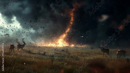 Obraz na płótnie A tornado forming over a prairie with a herd of deer fleeing in the foreground, the grass and debris swirling violently w salonie