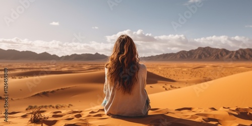 A young girl tourist sits on the sand dunes under the scorching hot sun on the sand. Generative AI.