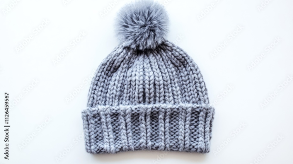 Fototapeta premium Knit gray hat with pom pom on white backdrop showcasing winter fashion accessory for warmth and style