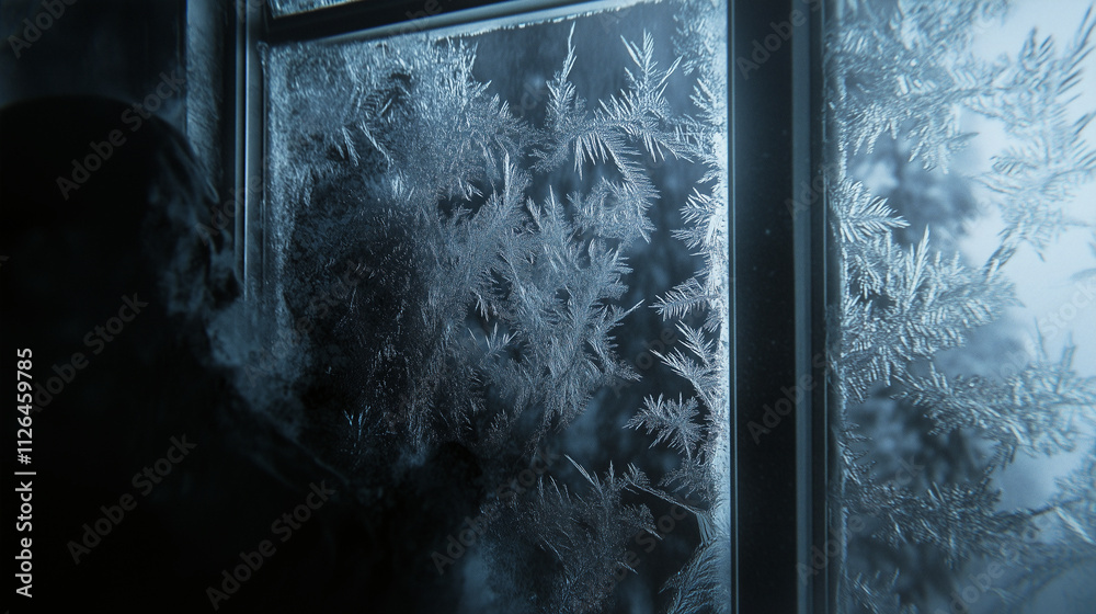 Fototapeta premium A close-up of frost on the window, a dark room with light shining through, an intricate pattern of ice on the windows, frozen window patterns, a cold winter scene