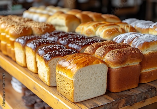 Assorted Artisan Breads Displayed On Wooden Shelf