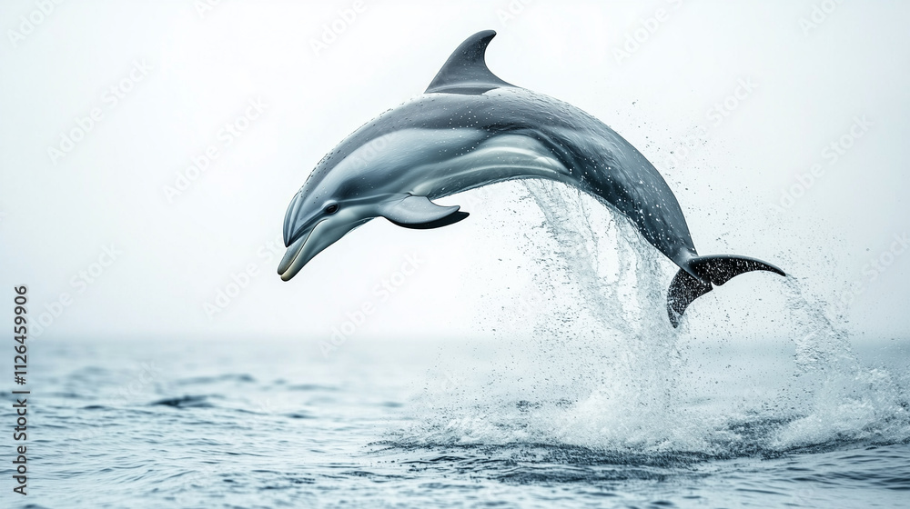 Fototapeta premium Photo realistic image of a sleek dolphin mid-leap. white background