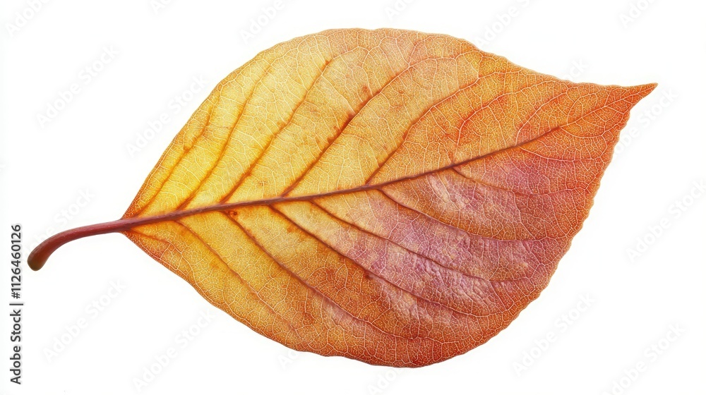 Close-up of a vibrant autumn leaf showcasing intricate details and warm colors against a clean white background