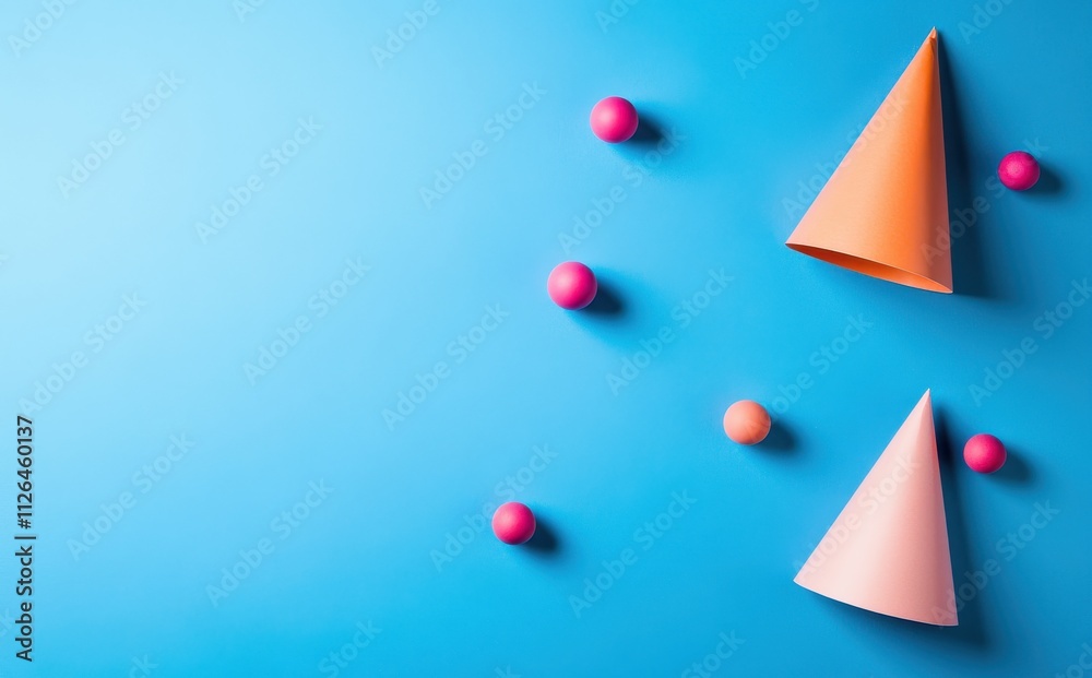 Party popper with confetti on blue background, flat lay Party popper with confetti on blue background, flat lay