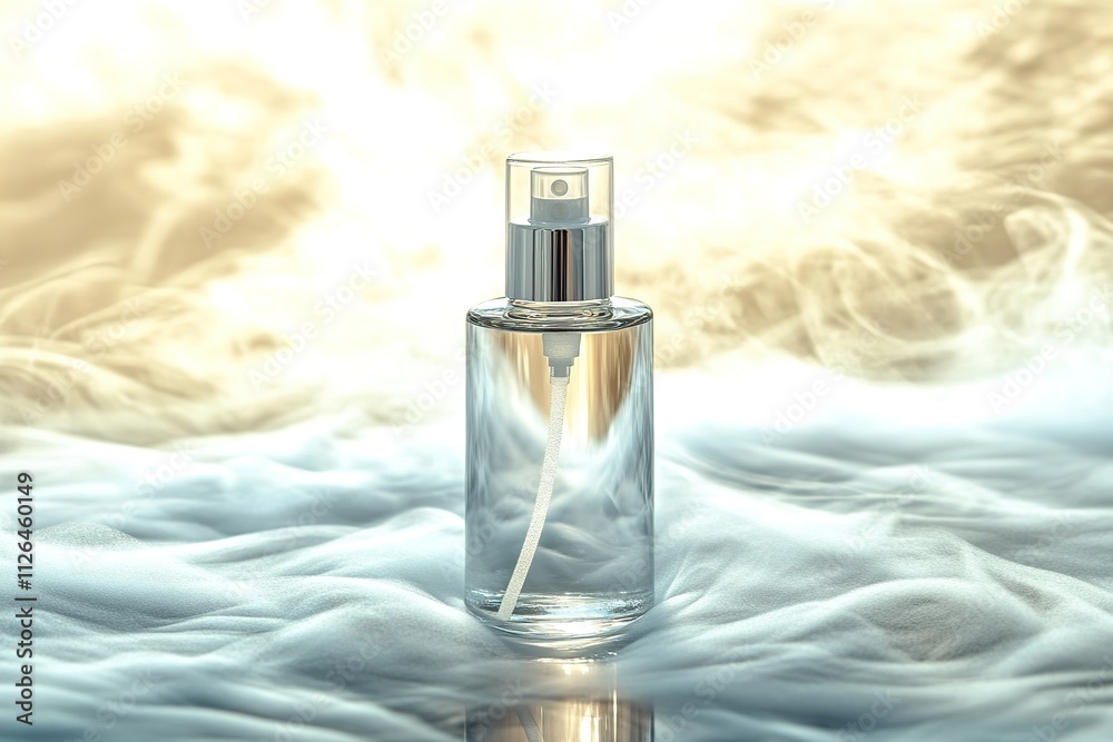 Perfume bottle on misty surface with golden light background. Perfume bottle on misty surface with golden light background.