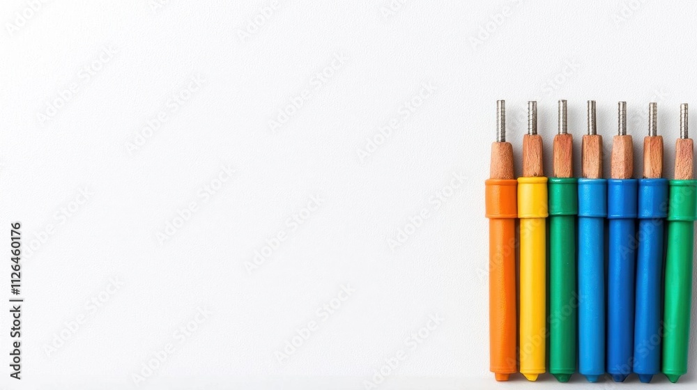 Fototapeta premium A photostock of brightly colored electrical wires with exposed ends spread out on a seamless white background, symbolizing energy and connection. High Quality