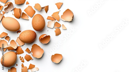 A photostock of broken eggshells with smooth inner surfaces and jagged edges scattered on a seamless white background, symbolizing fragility and natural textures. High Quality photo