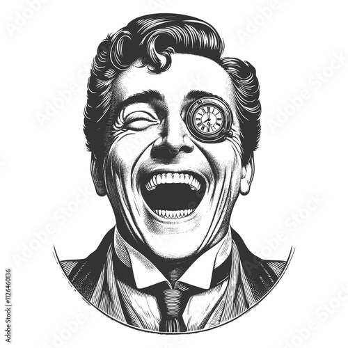  bearded, smiling man wearing a clock-themed monocle, combining quirky expression and vintage style sketch engraving generative ai vector illustration. Scratch board imitation. Black and white image.