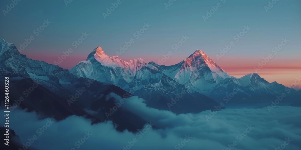 Panoramic view of snow mountains range landscape. Generative AI. Panoramic view of snow mountains range landscape. Generative AI.