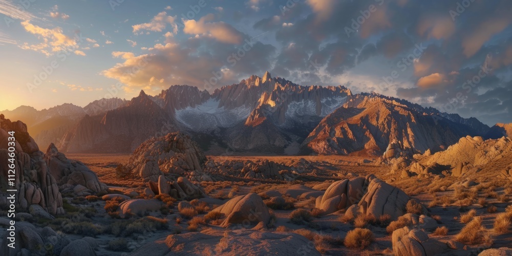 Obraz premium Panoramic view of snow mountains range landscape. Generative AI.