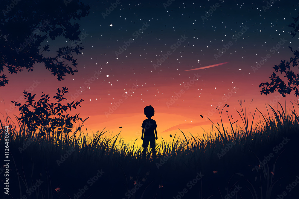 A silhouette of a child gazes at a starry sky during sunset, evoking wonder and tranquility.