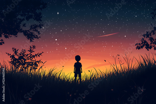 A silhouette of a child gazes at a starry sky during sunset, evoking wonder and tranquility.