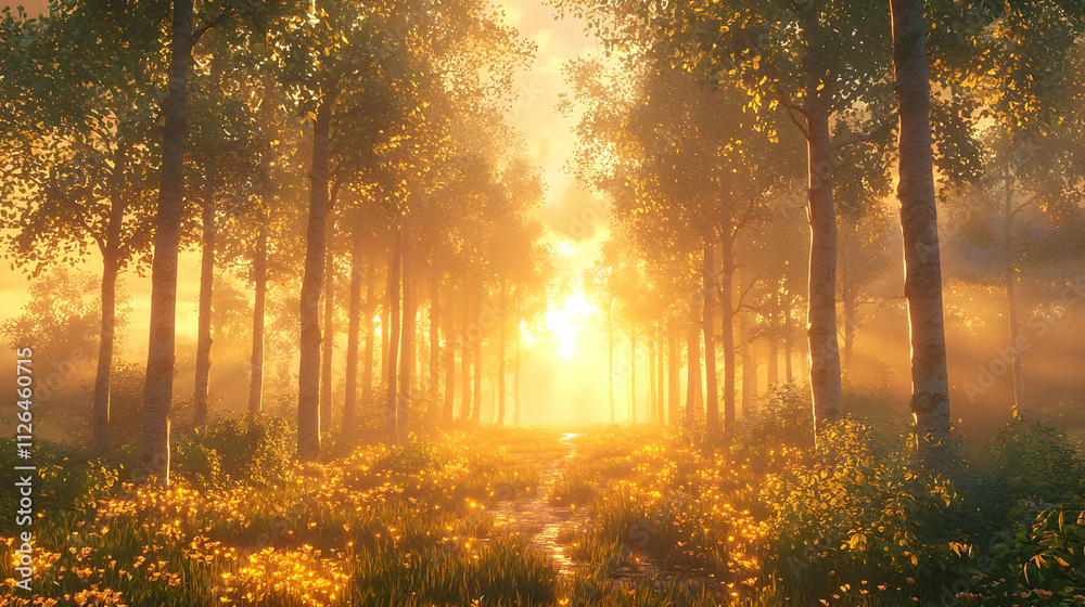 Golden Sunrise Path Through Misty Forest Golden Sunrise Path Through Misty Forest