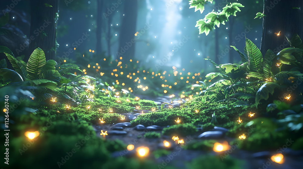 Enchanted Forest Path: Firefly Magic at Night Enchanted Forest Path: Firefly Magic at Night